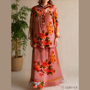 90s 2PC SILK FLORAL OVERSIZED VNECK TOP W 3/4 SLEEVE & MATCHING SKIRT W RUFFLES